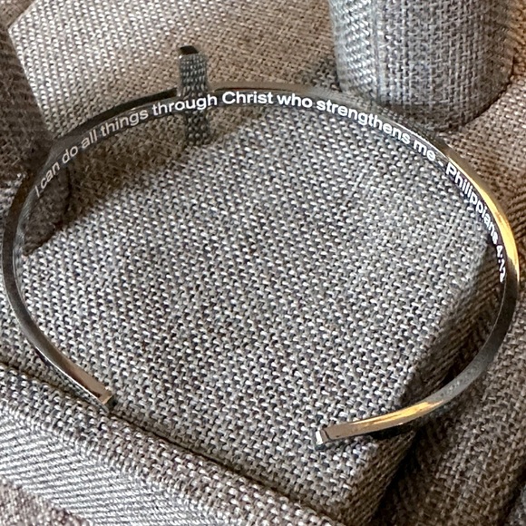 Hematite Over Stainless Cross Cuff Inspirational Quote Bracelet Philippians 4:13 - Picture 3 of 5